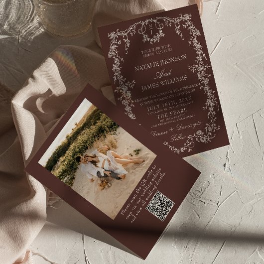 Invitation Mariage Code QR Marron Chocolat Photo Florale Élég