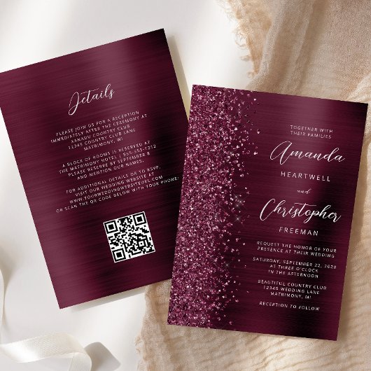Invitation Mariage Code QR Métal Brossé Burgundy Glam