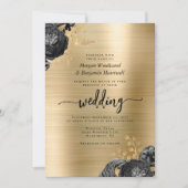 Invitation Mariage Code QR Métal Brossé Fleurs Noires Or (Devant)