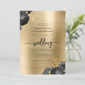 Invitation Mariage Code QR Métal Brossé Fleurs Noires Or (Debout devant)