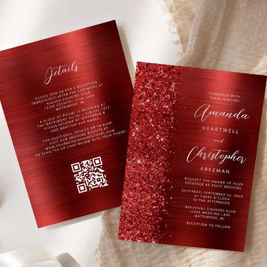Invitation Mariage Code QR Métal Brossé Rouge Glam