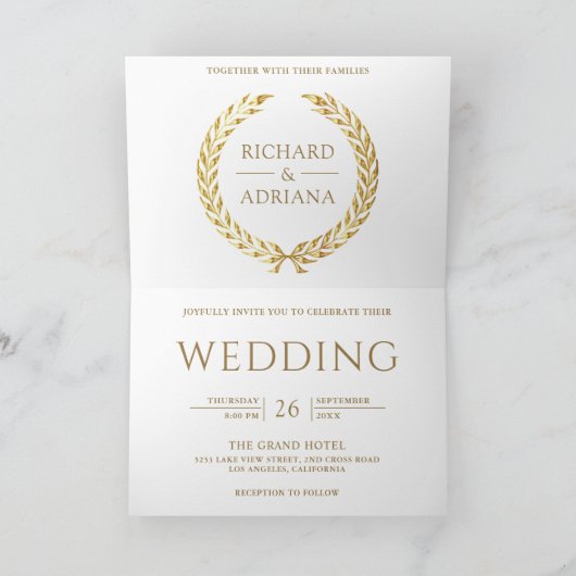 Invitation Mariage Code QR Minimal Laurier Or Blanc (Intérieur)