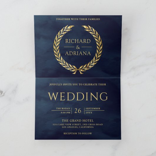 Invitation Mariage Code QR Minimal Laurier Or Bleu Marine (Intérieur)