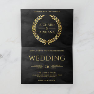 Invitation Mariage Code QR Minimal Laurier Or Gris Charbon