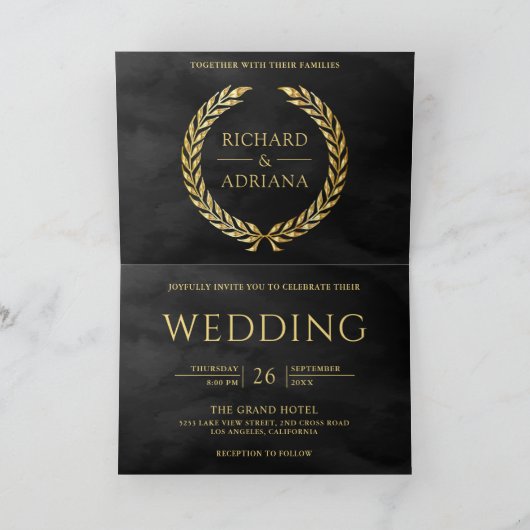 Invitation Mariage Code QR Minimal Laurier Or Gris Charbon (Intérieur)
