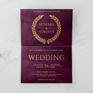 Invitation Mariage Code QR Minimal Laurier Or Plum