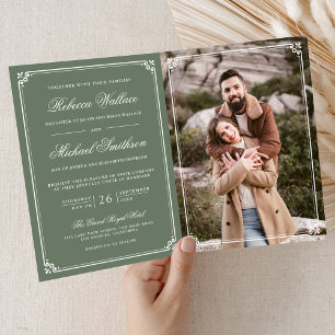 Invitation Mariage Code QR Minimaliste Photo Vert Sage Blanc