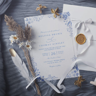 Invitation Mariage Code QR Minimaliste Vintage Florales Bleue