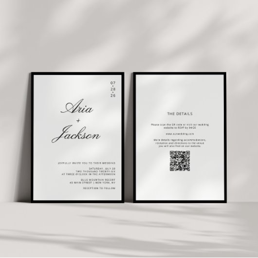 Invitation Mariage Code QR Moderne Calligraphie Noir & Blanc