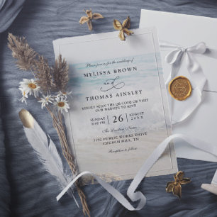 Invitation Mariage Code QR Moderne Eau Aqua Sable Ondulé