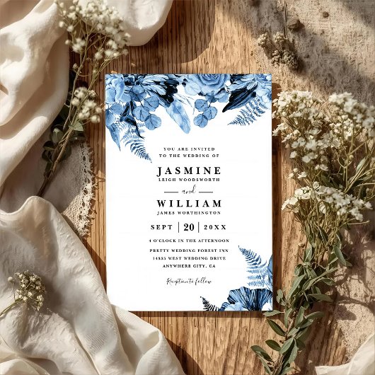 Invitation Mariage Code QR Moderne Élégant Floral Bleu Boho