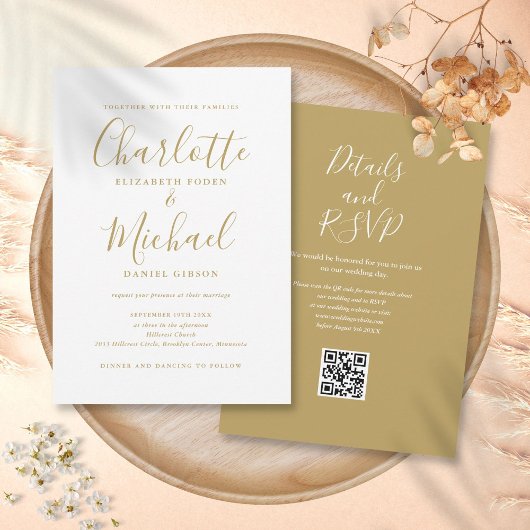 Invitation Mariage Code QR Moderne Élégant Script Doré