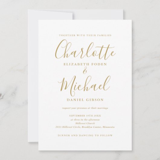 Invitation Mariage Code QR Moderne Élégant Script Doré (Devant)