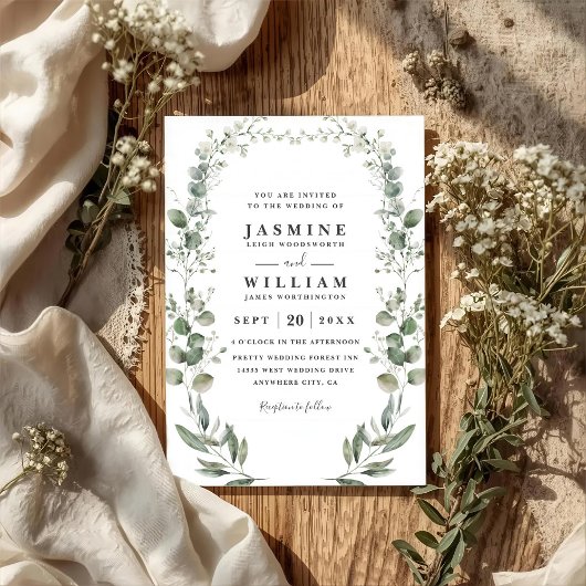 Invitation Mariage Code QR Moderne Eucalyptus Botanique Rusti