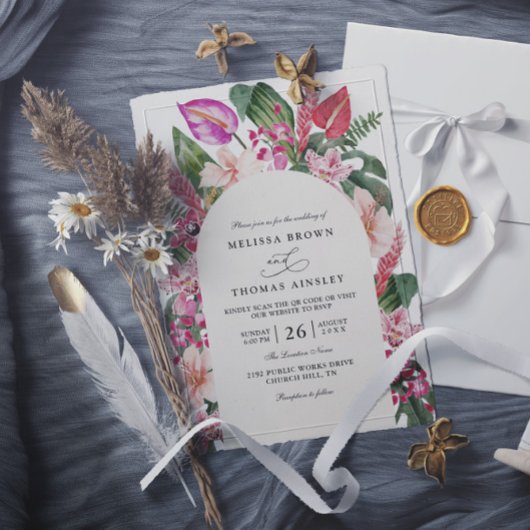 Invitation Mariage Code QR Moderne Feuille de Palmier Tropica