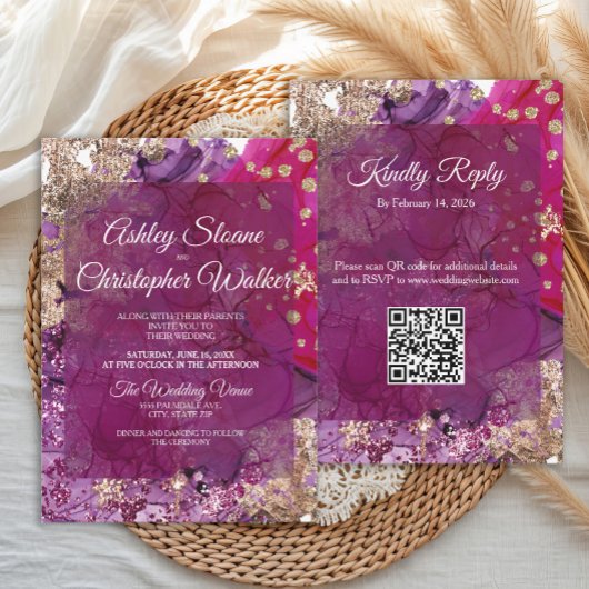 Invitation Mariage code QR Moderne Magenta Prune Or