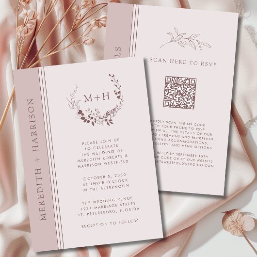 Invitation Mariage Code QR Monogramme Blush Or Rose