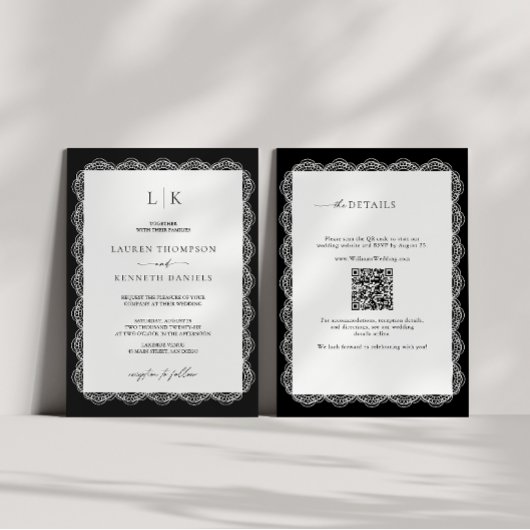 Invitation Mariage Code QR Monogramme Cadre Dentelle Noir Bla