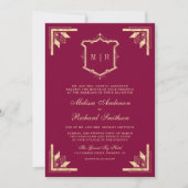 Invitation Mariage Code QR Monogramme Crête d'Or Magenta (Devant)