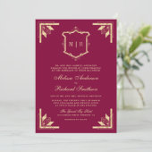 Invitation Mariage Code QR Monogramme Crête d'Or Magenta (Debout devant)