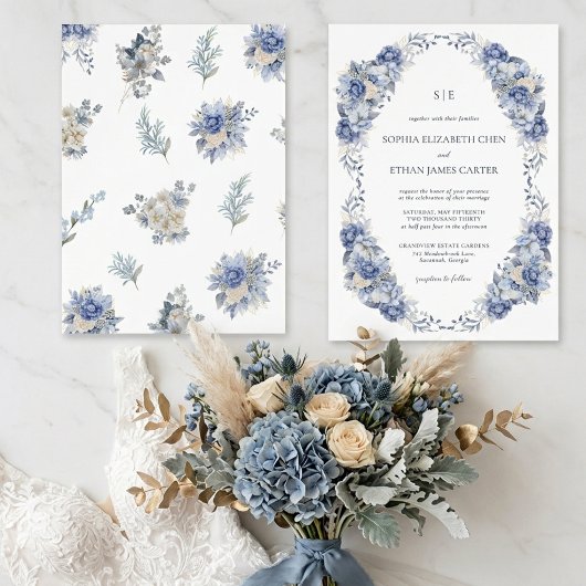 Invitation Mariage code QR monogramme de jardin bleu poussiér