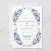 Invitation Mariage code QR monogramme de jardin bleu poussiér (Devant)