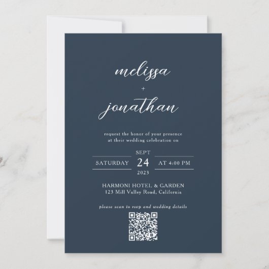 Invitation Mariage code QR monogramme photo bleu marine moder (Devant)