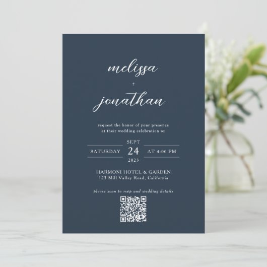 Invitation Mariage code QR monogramme photo bleu marine moder (Debout devant)
