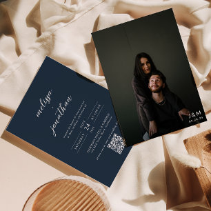 Invitation Mariage code QR monogramme photo bleu marine moder