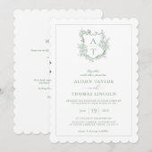 Invitation Mariage Code QR Monogramme Vert Sauge Crête (Devant / Derrière)