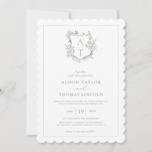 Invitation Mariage Code QR Monogramme Vert Sauge Crête (Devant)