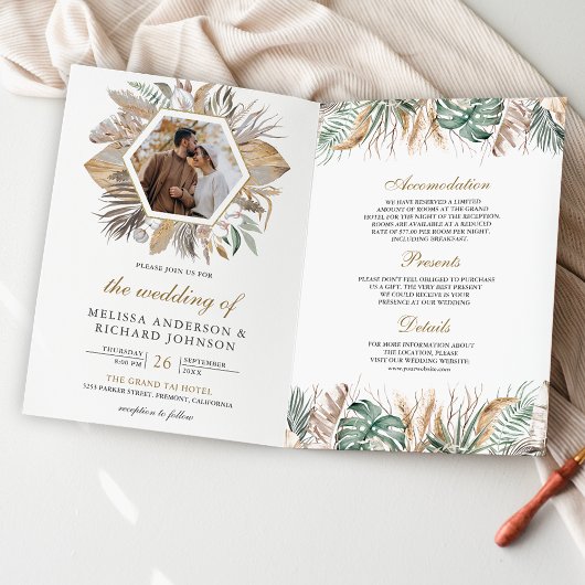 Invitation Mariage code QR Monstera Boho Pampas Tout en Un