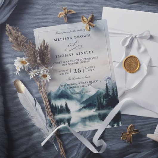 Invitation Mariage Code QR Montagnes Aquarelle Atmosphère Pin
