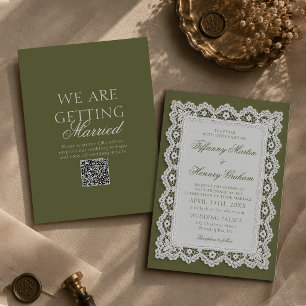 Invitation Mariage Code QR Nappe en Dentelle Vert Olive Old M