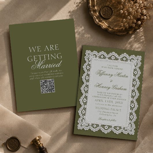 Invitation Mariage Code QR Nappe en Dentelle Vert Olive Old M