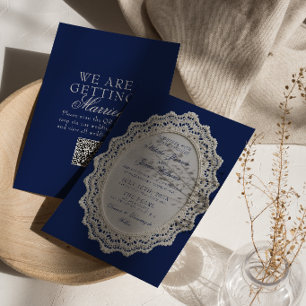Invitation Mariage Code QR Napperon en Dentelle Bleu Marine V