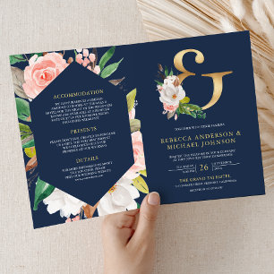 Invitation Mariage Code QR Naval Ampersand Floral Rose Clair