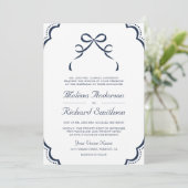 Invitation Mariage Code QR Nœud Coquette Dentelle Blanche Ble (Debout devant)
