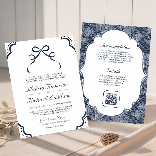 Invitation Mariage Code QR Nœud Coquette Dentelle Blanche Ble