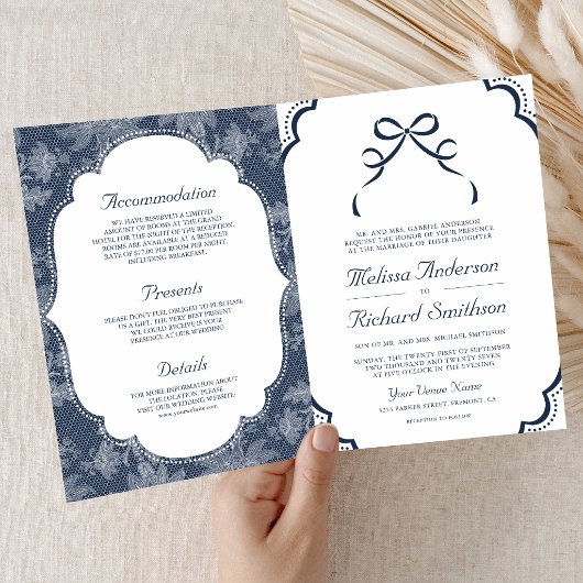 Invitation Mariage Code QR Nœud Coquette Dentelle Blanche Ble