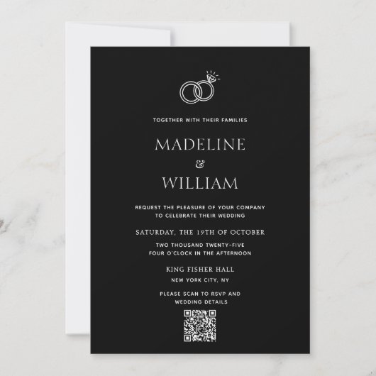 Invitation Mariage Code Qr Noir Anneaux Dessinés à la Main Mi (Devant)