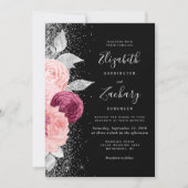 Invitation Mariage Code QR Noir Argent Rouge Floral (Devant)