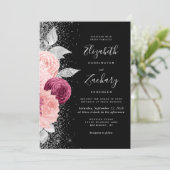 Invitation Mariage Code QR Noir Argent Rouge Floral (Debout devant)