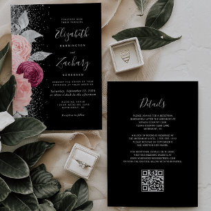 Invitation Mariage Code QR Noir Argent Rouge Floral
