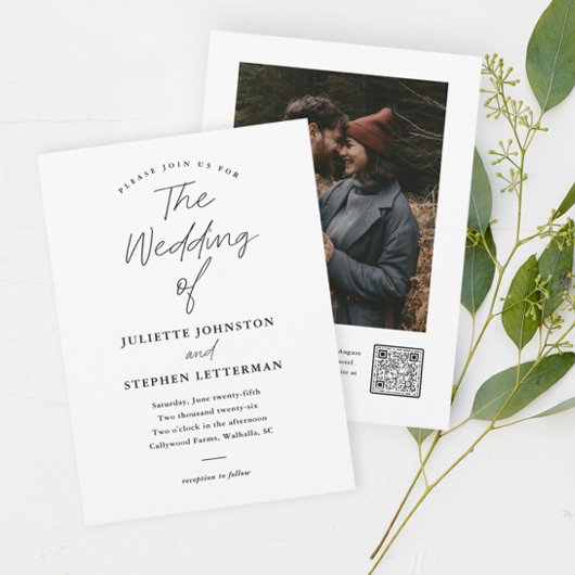 Invitation Mariage code QR noir et blanc Script Moderne