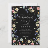 Invitation Mariage Code QR Noir Fleur Sauvage Simple Rustique (Devant)