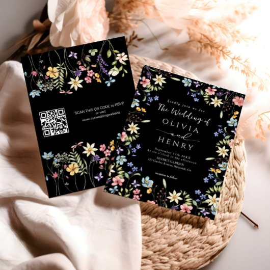 Invitation Mariage Code QR Noir Fleur Sauvage Simple Rustique