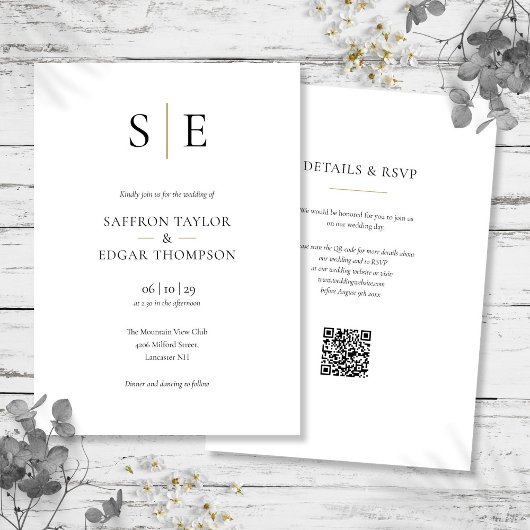 Invitation Mariage Code QR Noir Or Monogramme