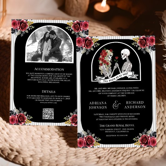 Invitation Mariage Code QR Noir Roses Couple de Squelettes Go