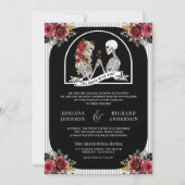 Invitation Mariage Code QR Noir Roses Couple de Squelettes Go (Devant)